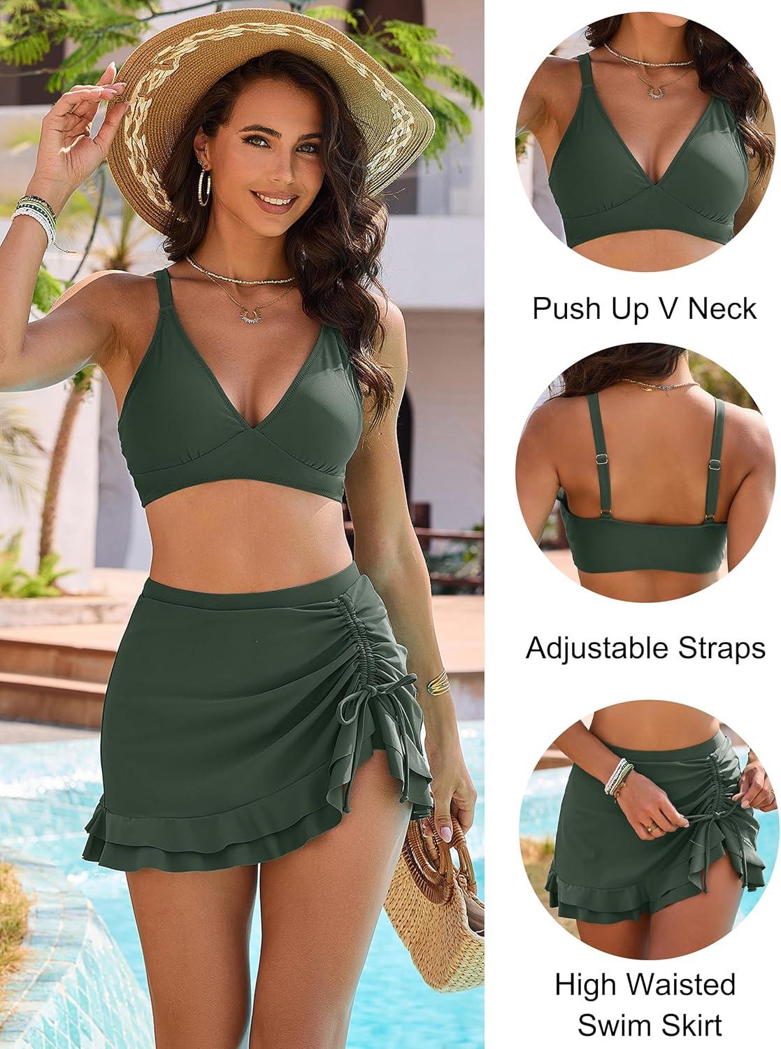 imageBlooming Jelly Womens High Waisted Bikini Sets Tummy Control Swim Skirt Two Piece Swim Suit 2025 Retro SwimsuitArmy Green
