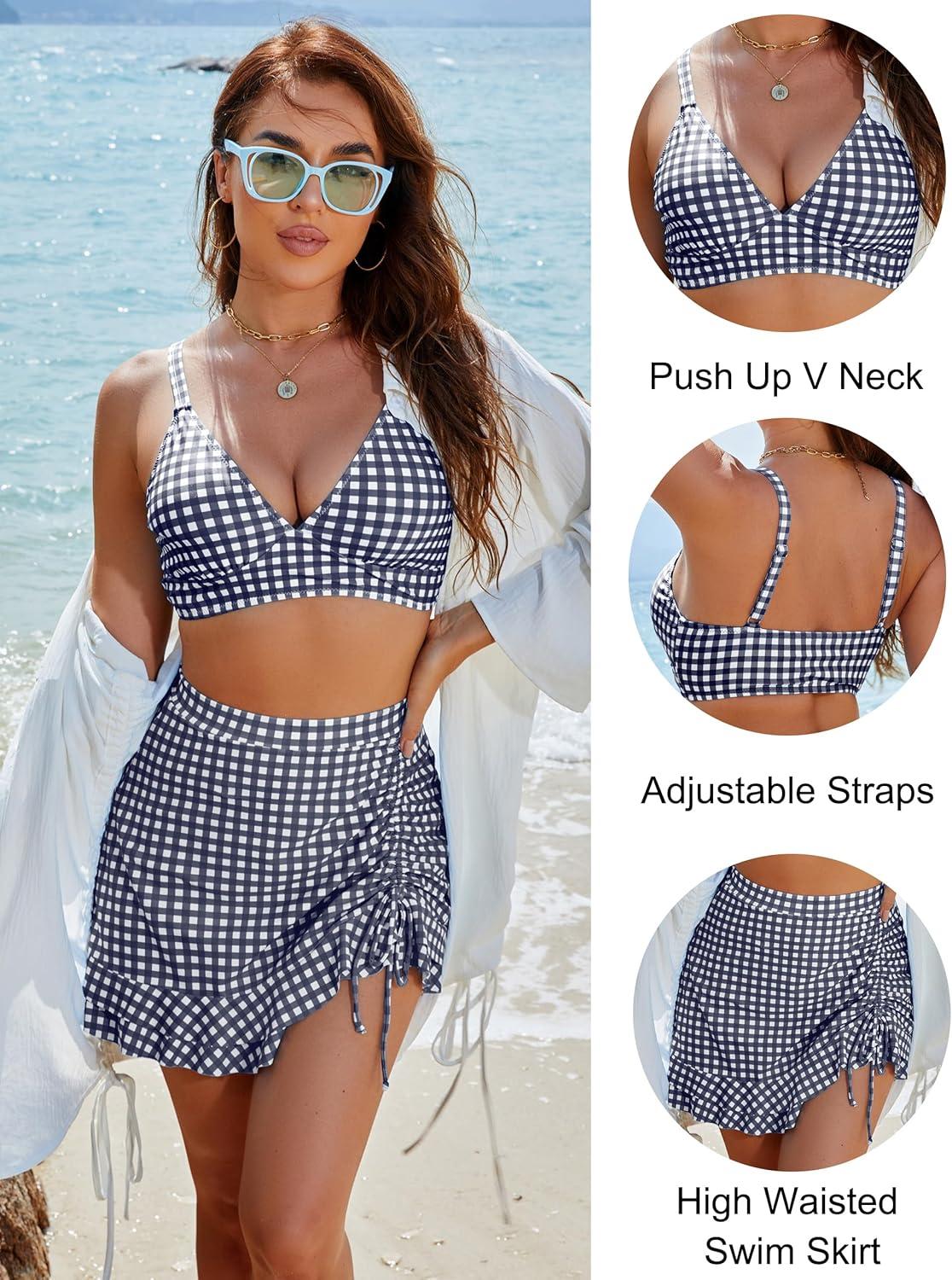 imageBlooming Jelly Womens High Waisted Bikini Sets Tummy Control Swim Skirt Two Piece Swim Suit 2025 Retro SwimsuitBlack White Plaid