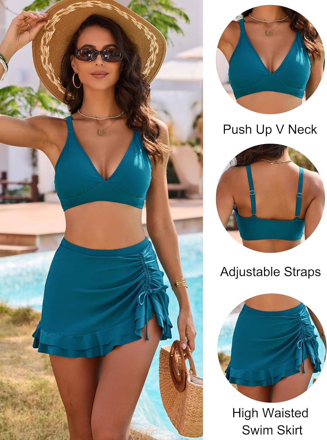 imageBlooming Jelly Womens High Waisted Bikini Sets Tummy Control Swim Skirt Two Piece Swim Suit 2025 Retro SwimsuitBlue Green