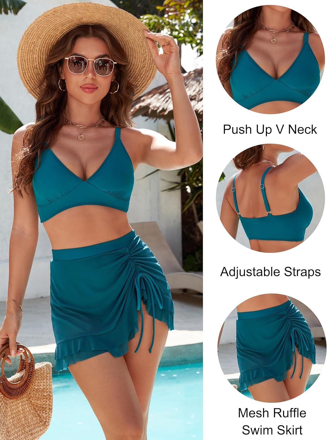 imageBlooming Jelly Womens High Waisted Bikini Sets Tummy Control Swim Skirt Two Piece Swim Suit 2025 Retro SwimsuitBlue Green Mesh