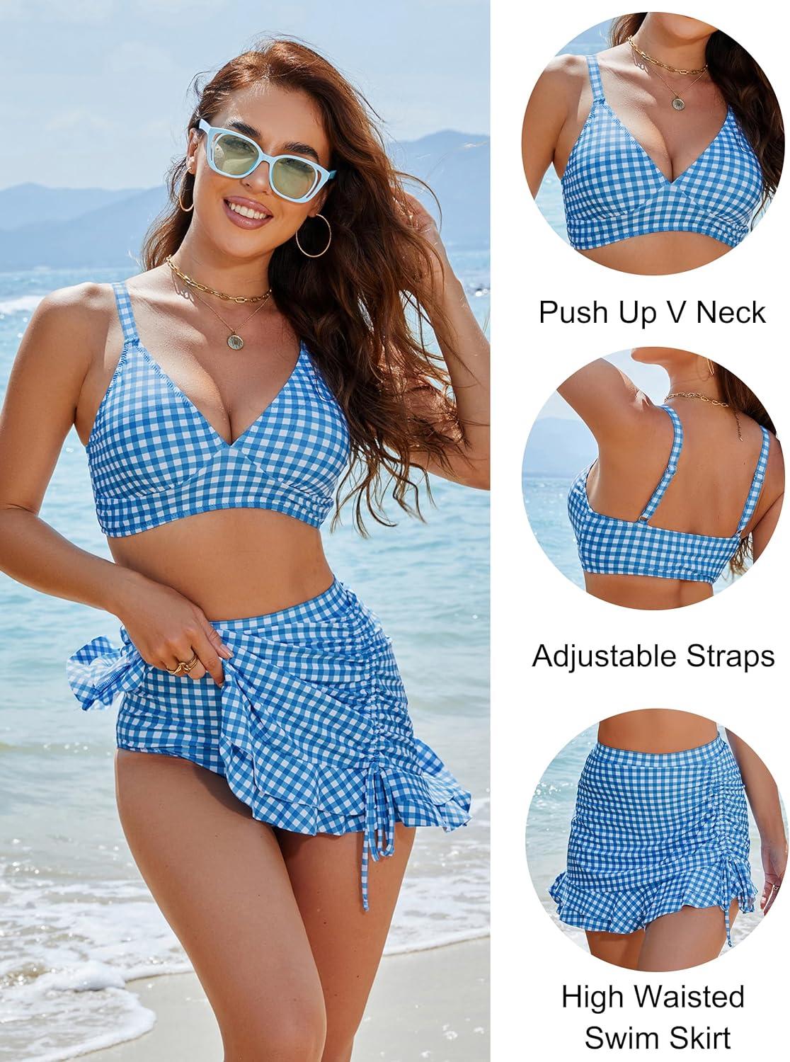 imageBlooming Jelly Womens High Waisted Bikini Sets Tummy Control Swim Skirt Two Piece Swim Suit 2025 Retro SwimsuitBlue White Plaid