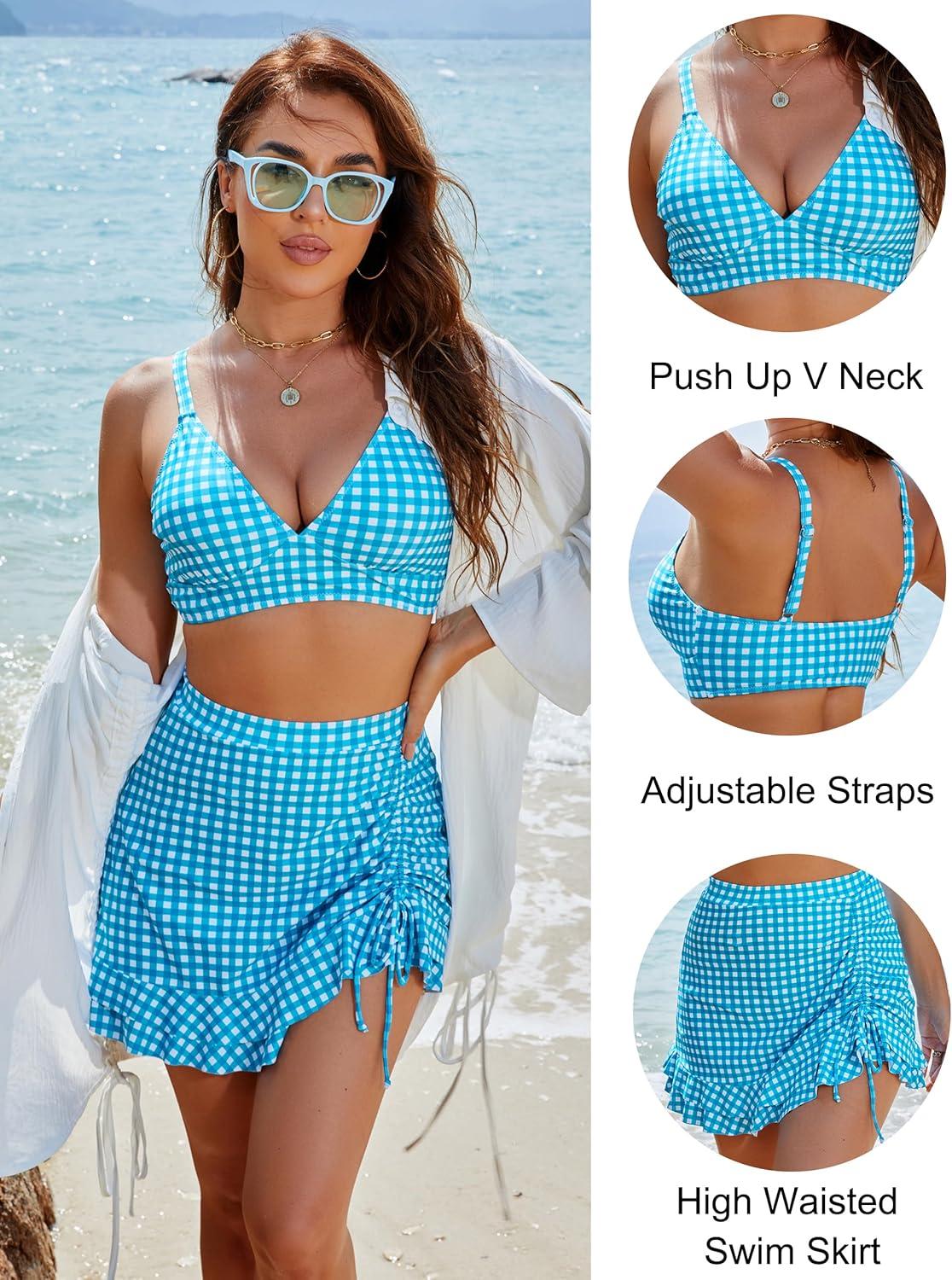 imageBlooming Jelly Womens High Waisted Bikini Sets Tummy Control Swim Skirt Two Piece Swim Suit 2025 Retro SwimsuitGreen White Plaid