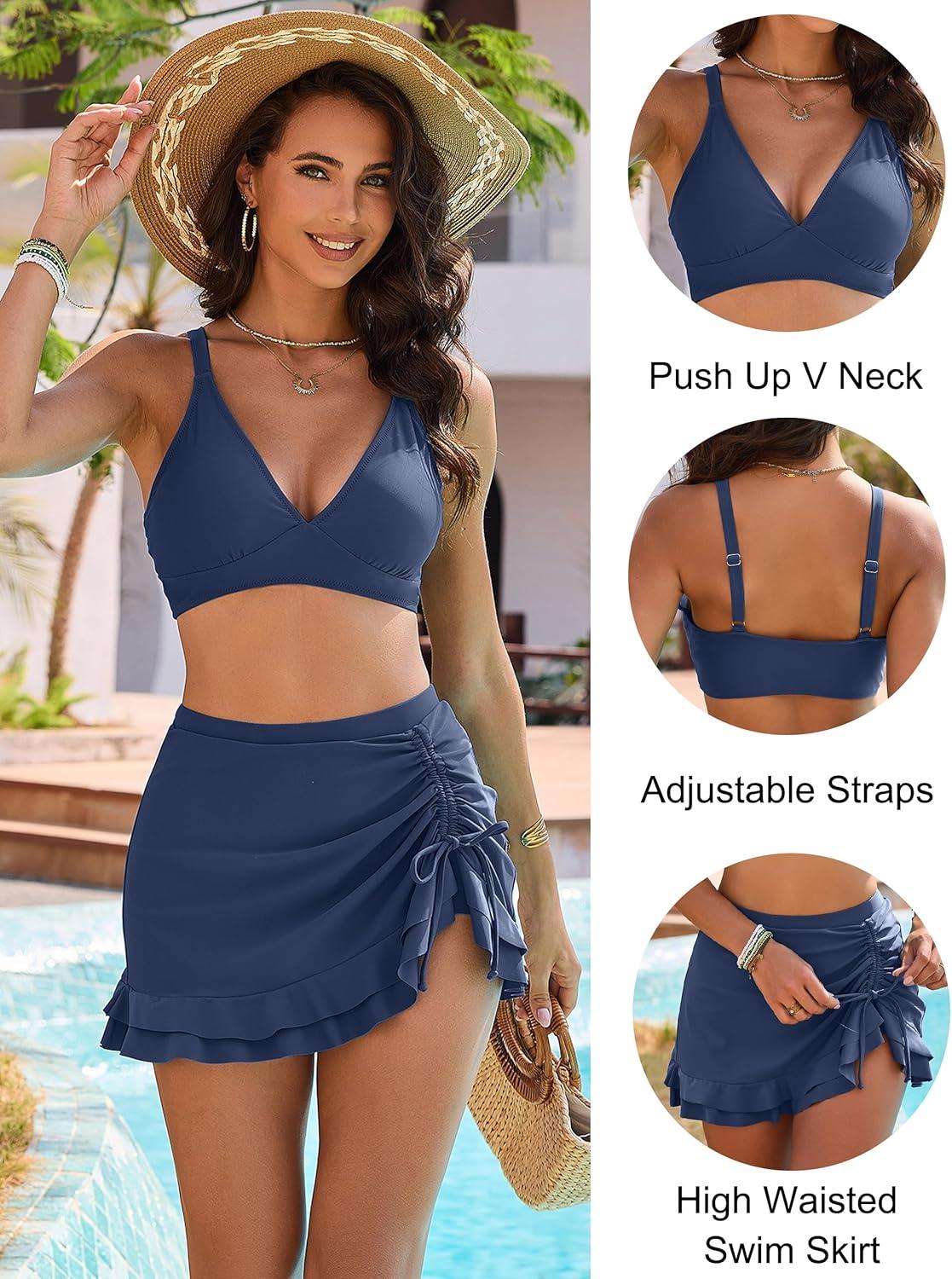 imageBlooming Jelly Womens High Waisted Bikini Sets Tummy Control Swim Skirt Two Piece Swim Suit 2025 Retro SwimsuitNavy Blue