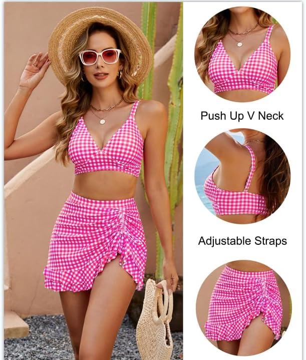 imageBlooming Jelly Womens High Waisted Bikini Sets Tummy Control Swim Skirt Two Piece Swim Suit 2025 Retro SwimsuitPink White Plaid