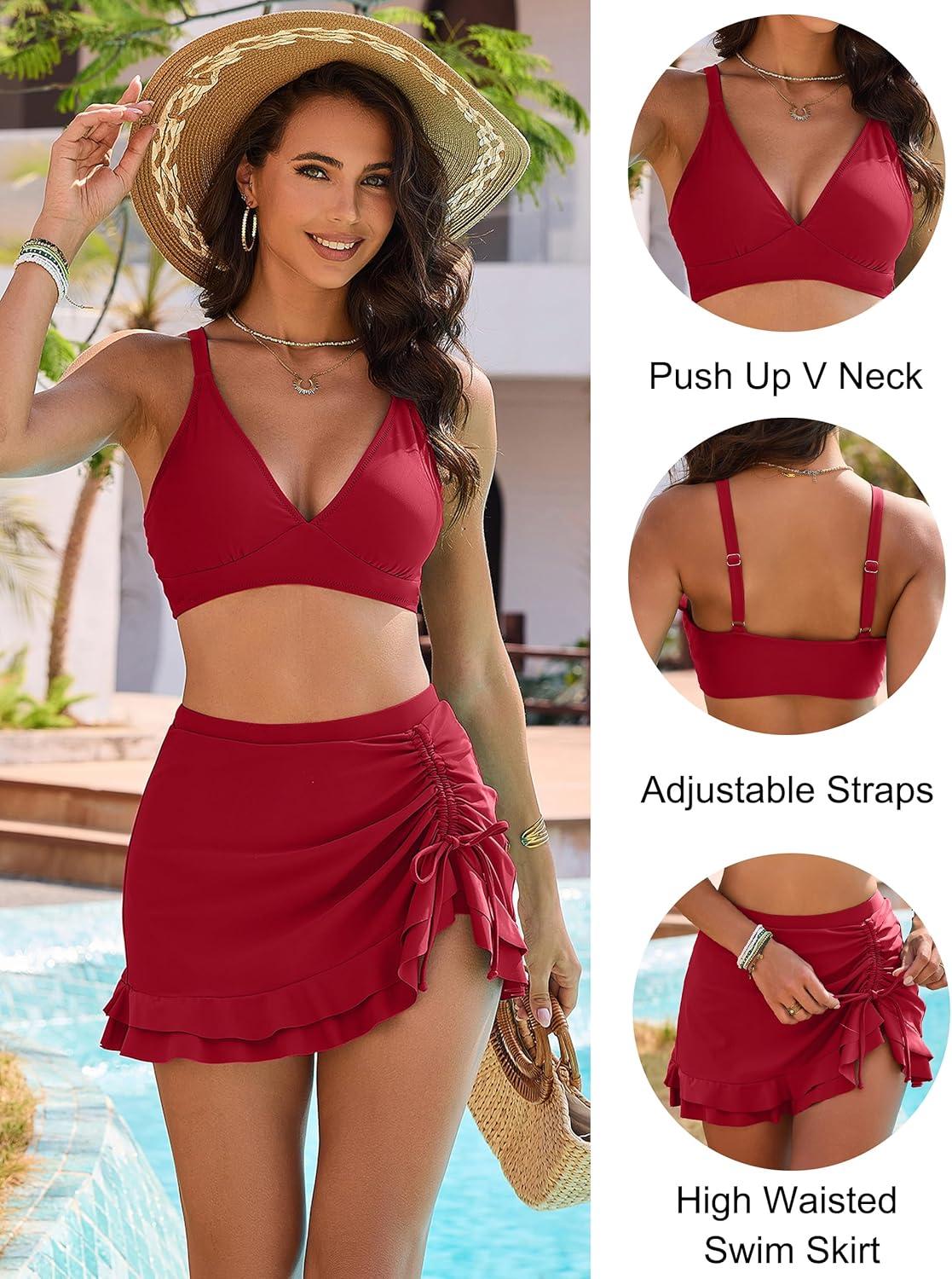 imageBlooming Jelly Womens High Waisted Bikini Sets Tummy Control Swim Skirt Two Piece Swim Suit 2025 Retro SwimsuitRed