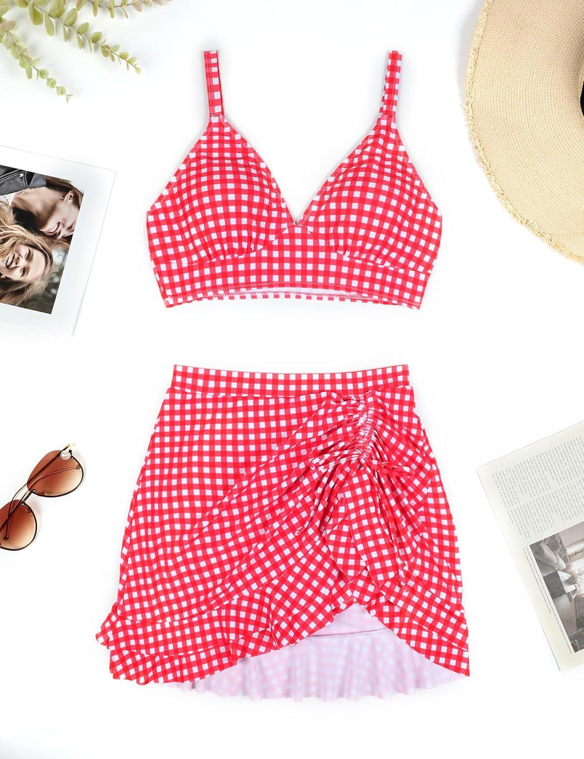imageBlooming Jelly Womens High Waisted Bikini Sets Tummy Control Swim Skirt Two Piece Swim Suit 2025 Retro SwimsuitRed White Plaid