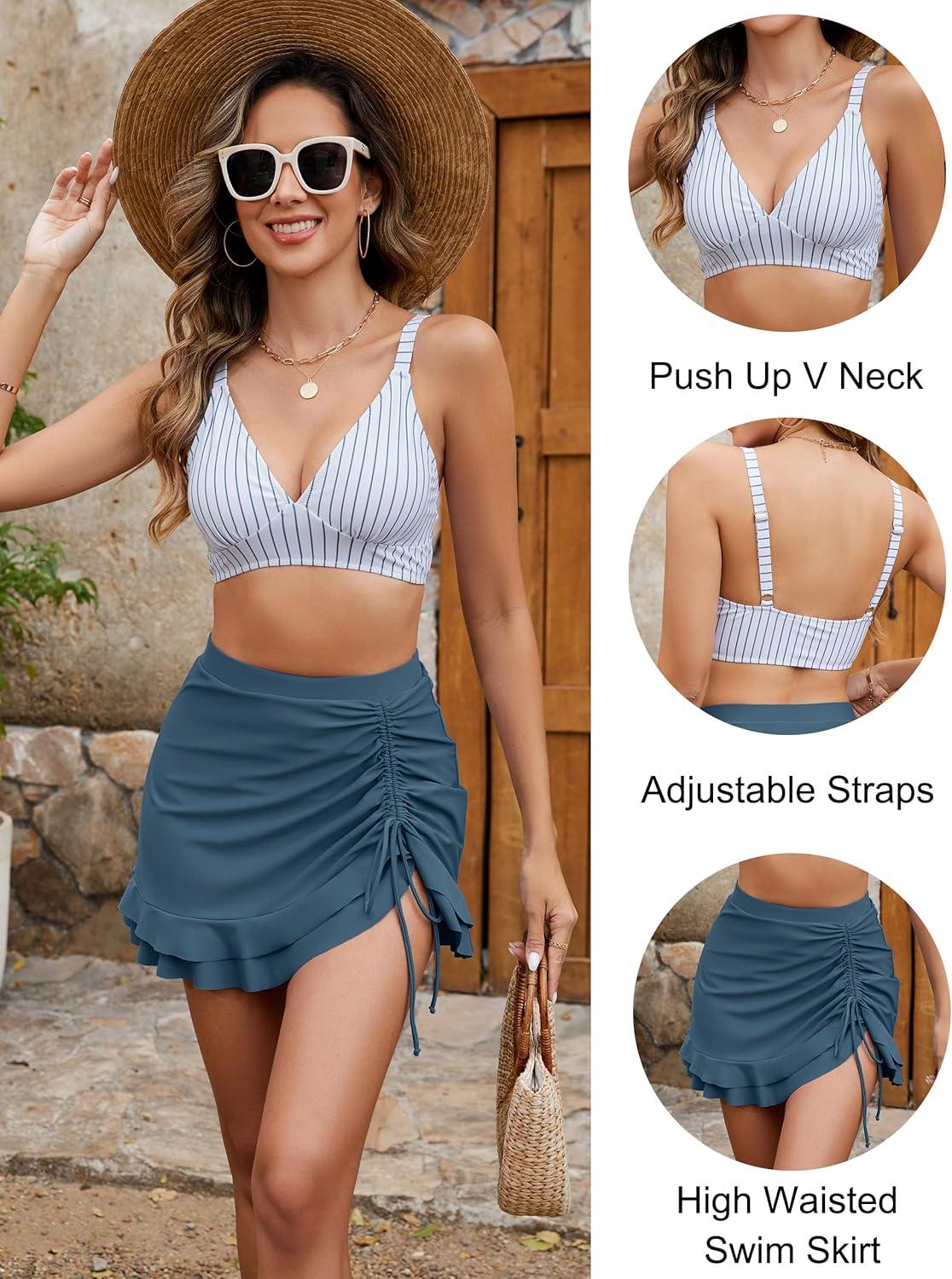 imageBlooming Jelly Womens High Waisted Bikini Sets Tummy Control Swim Skirt Two Piece Swim Suit 2025 Retro SwimsuitStripe Blue