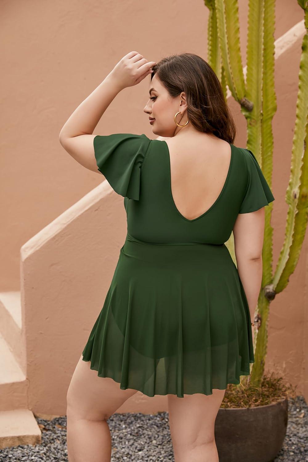 imageBlooming Jelly Womens Plus Size Bathing Suit One Piece Swim Dress Tummy Control Swimsuits Ruffle V Neck SwimwearArmy Green