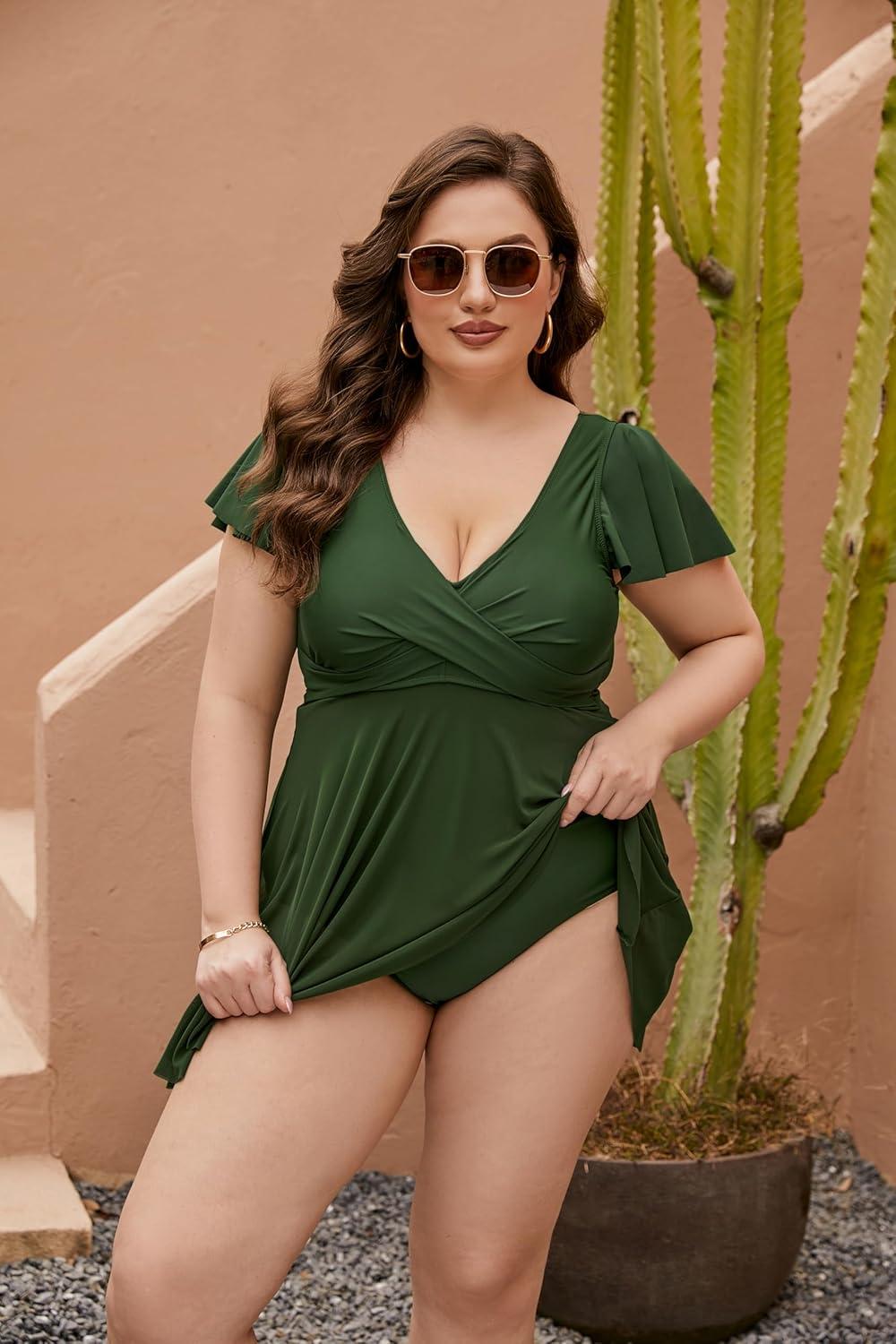 imageBlooming Jelly Womens Plus Size Bathing Suit One Piece Swim Dress Tummy Control Swimsuits Ruffle V Neck SwimwearArmy Green