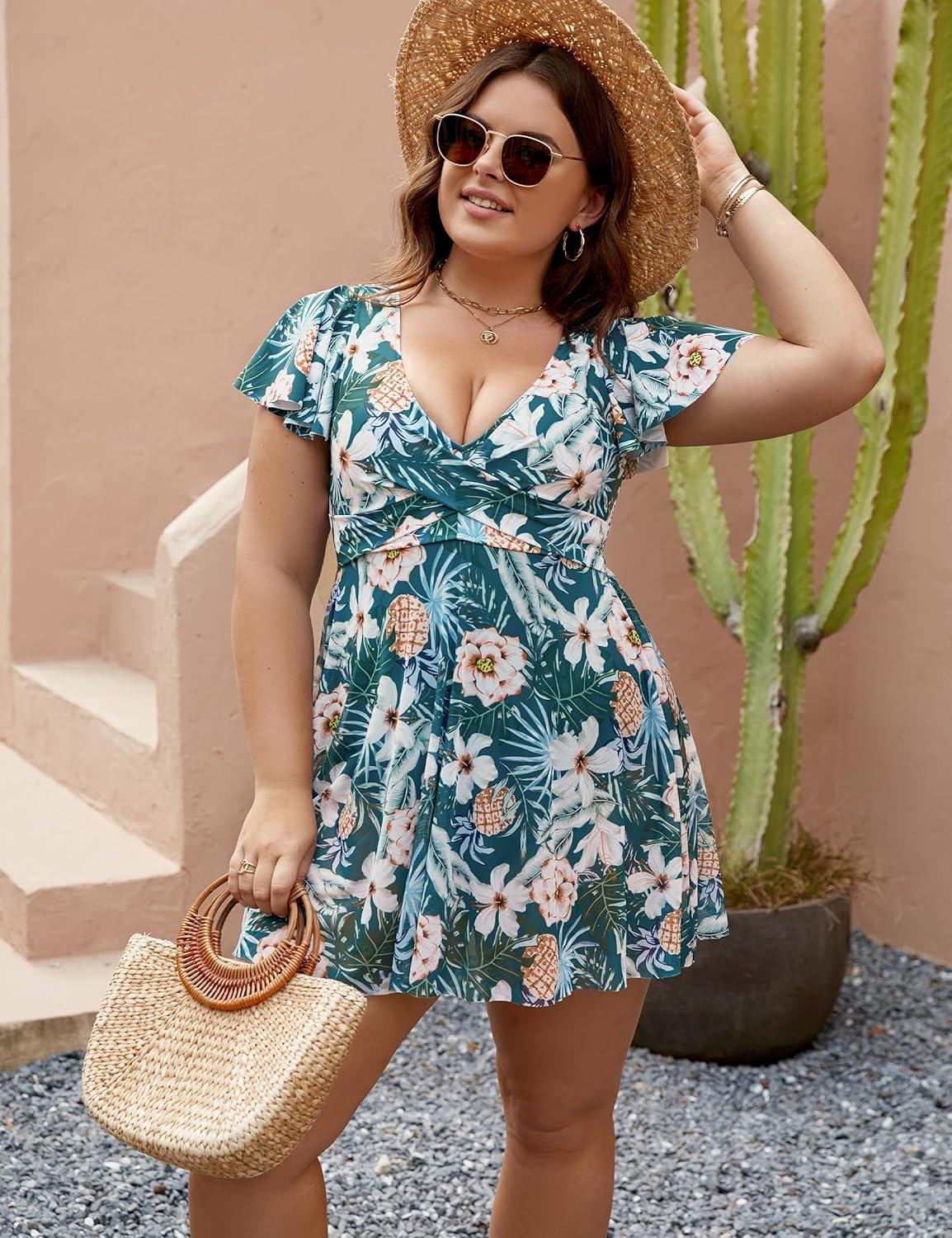 imageBlooming Jelly Womens Plus Size Bathing Suit One Piece Swim Dress Tummy Control Swimsuits Ruffle V Neck SwimwearGreen Floral Print