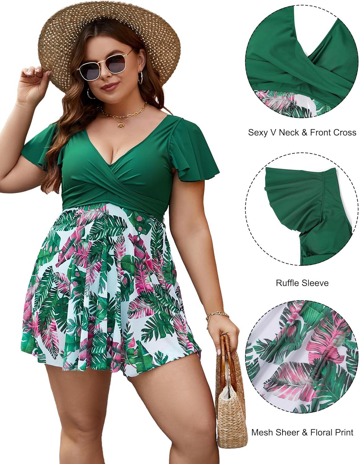 imageBlooming Jelly Womens Plus Size Bathing Suit One Piece Swim Dress Tummy Control Swimsuits Ruffle V Neck SwimwearGreen and Floral Print