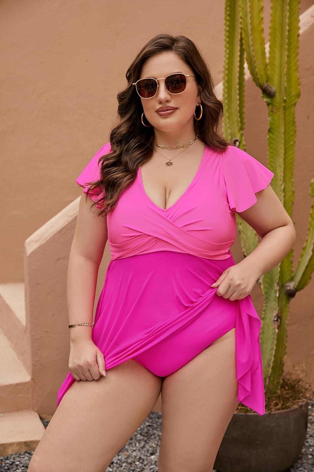 imageBlooming Jelly Womens Plus Size Bathing Suit One Piece Swim Dress Tummy Control Swimsuits Ruffle V Neck SwimwearPink and Hot Pink