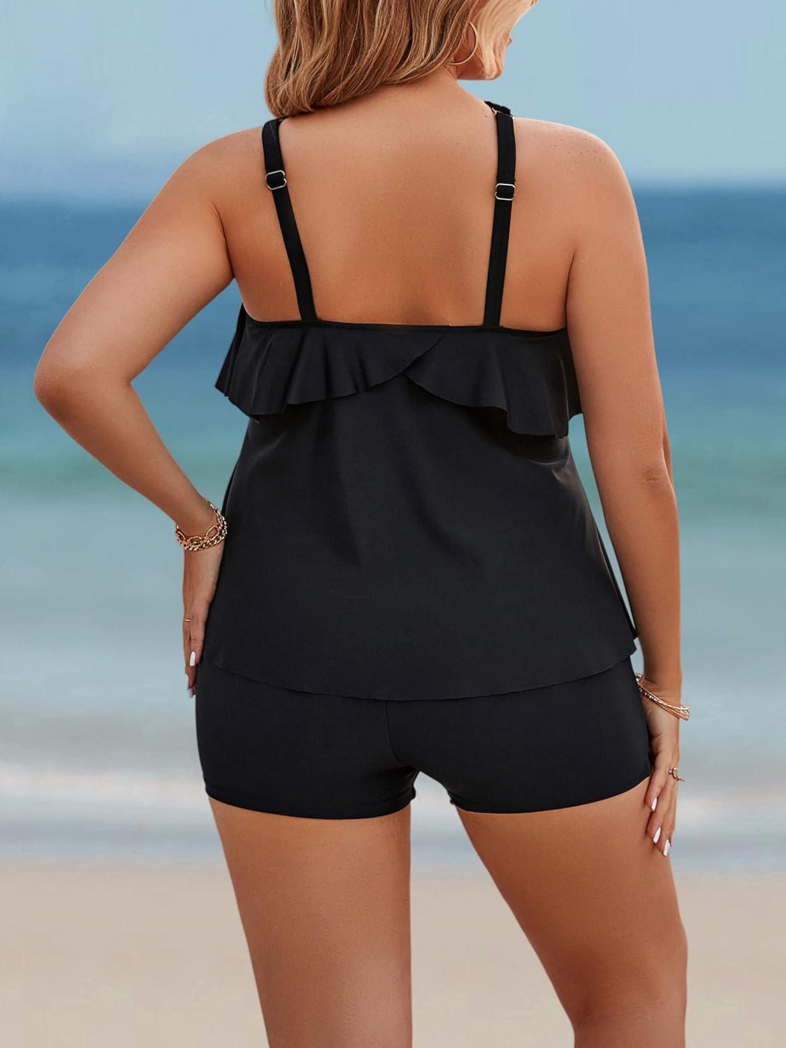imageBlooming Jelly Womens Plus Size Tankini Swimsuits Two Piece Bathing Suits Tummy Control Flounce with ShortsBlack