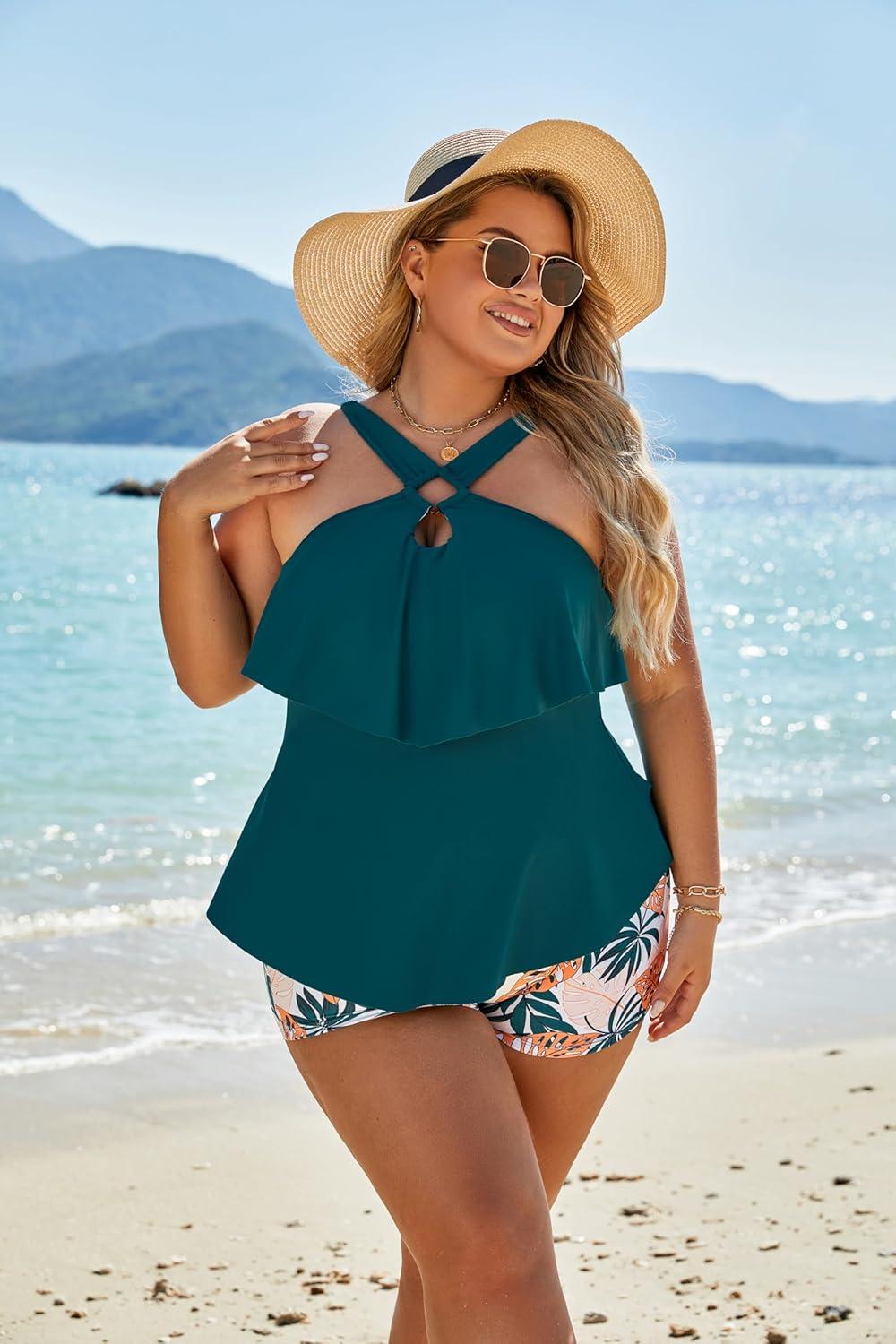 imageBlooming Jelly Womens Plus Size Tankini Swimsuits Two Piece Bathing Suits Tummy Control Flounce with ShortsBlue and Floral Print