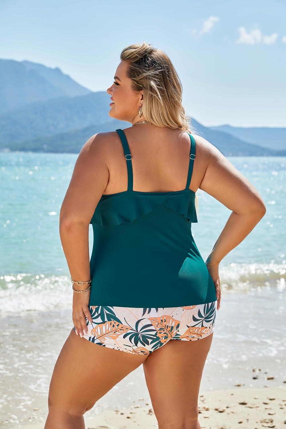 imageBlooming Jelly Womens Plus Size Tankini Swimsuits Two Piece Bathing Suits Tummy Control Flounce with ShortsBlue and Floral Print