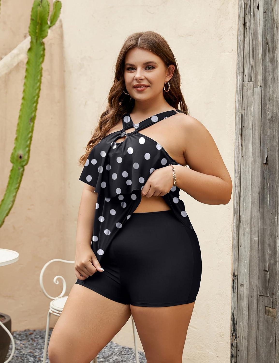 imageBlooming Jelly Womens Plus Size Tankini Swimsuits Two Piece Bathing Suits Tummy Control Flounce with ShortsPolka Dot and Black