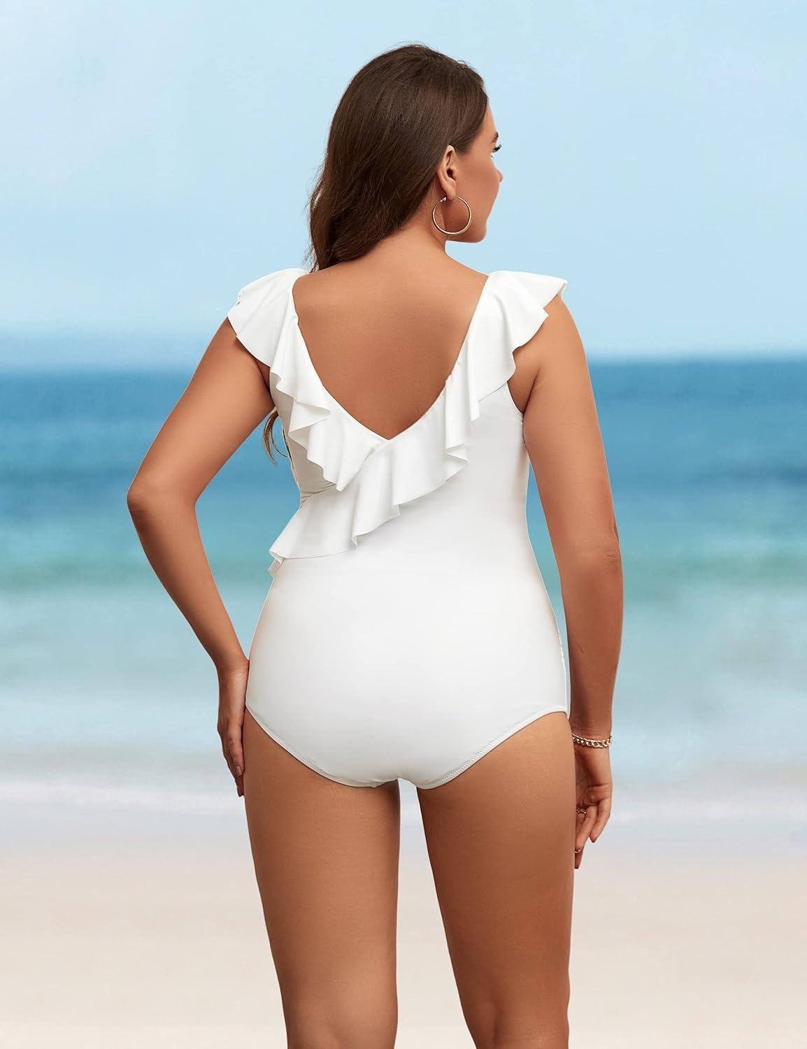 imageBlooming Jelly Womens Tummy Control Swimsuits Slimming Cute One Piece Bathing Suit Ruffle V Neck SwimwearWhite