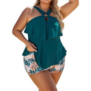 imageBlooming Jelly Womens Plus Size Tankini Swimsuits Two Piece Bathing Suits Tummy Control Flounce with ShortsBlue and Floral Print