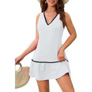 imageBlooming Jelly Women Beach Dress V Neck Swimsuit Coverup Wave Bathing Suit Cover Up Tank Dress with PocketsWhite