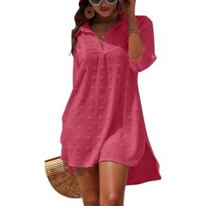 imageBlooming Jelly Womens Swimsuit Coverups White Chiffon Bikini Swimwear Beach Cover Up Dress ShirtBean Paste Red