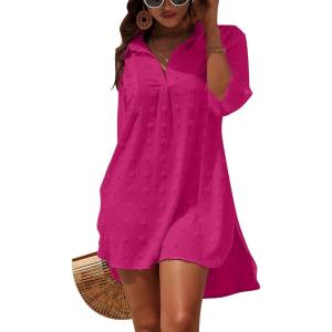 imageBlooming Jelly Womens Swimsuit Coverups White Chiffon Bikini Swimwear Beach Cover Up Dress ShirtBright Pink