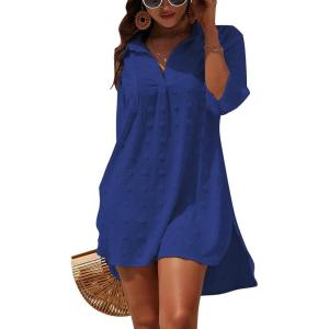 imageBlooming Jelly Womens Swimsuit Coverups White Chiffon Bikini Swimwear Beach Cover Up Dress ShirtDark Blue02