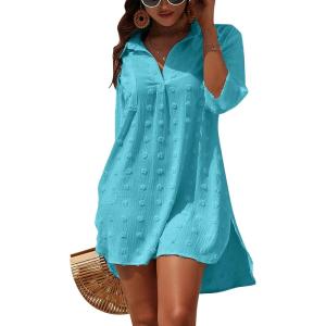imageBlooming Jelly Womens Swimsuit Coverups White Chiffon Bikini Swimwear Beach Cover Up Dress ShirtFluorescent Blue