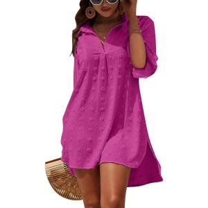 imageBlooming Jelly Womens Swimsuit Coverups White Chiffon Bikini Swimwear Beach Cover Up Dress ShirtFluorescent Red