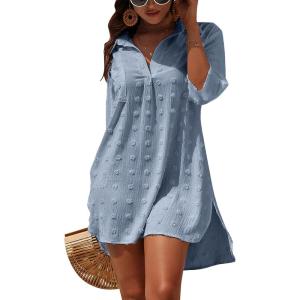 imageBlooming Jelly Womens Swimsuit Coverups White Chiffon Bikini Swimwear Beach Cover Up Dress ShirtHaze Blue
