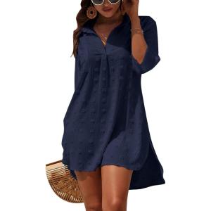 imageBlooming Jelly Womens Swimsuit Coverups White Chiffon Bikini Swimwear Beach Cover Up Dress ShirtMidnight Blue