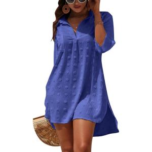 imageBlooming Jelly Womens Swimsuit Coverups White Chiffon Bikini Swimwear Beach Cover Up Dress ShirtSapphire Blue