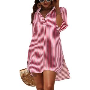 imageBlooming Jelly Womens Swimsuit Coverups White Chiffon Bikini Swimwear Beach Cover Up Dress ShirtStripedpink and White