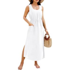imageBlooming Jelly Women Swimsuit Cover Ups Bathing Suit Coverup Beach Dress Tank Swimwear Cover up with PocketsWhite