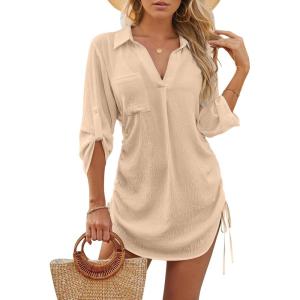imageBlooming Jelly Womens Swimsuit Coverup Swimwear Beach Cover ups Bathing Suit Cover up Drawstring Shirt Dresses 2024Beige