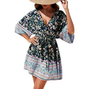 imageBlooming Jelly Womens Swimsuit Coverups Bathing Suit Bikini Swimwear Cover Up VNeck Beach Boho DressesBlackfloral Print