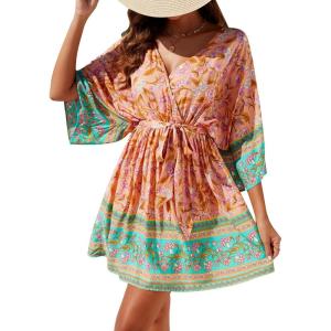 imageBlooming Jelly Womens Swimsuit Coverups Bathing Suit Bikini Swimwear Cover Up VNeck Beach Boho DressesOrangefloral Print