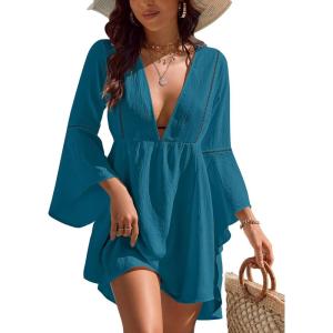imageBlooming Jelly Womens Swimsuit Coverup V Neck Chiffon Bathing Suit Beach Dress Flowy Swim Bikini Cover UpBluegreen