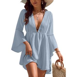 imageBlooming Jelly Womens Swimsuit Coverup V Neck Chiffon Bathing Suit Beach Dress Flowy Swim Bikini Cover UpHaze Blue