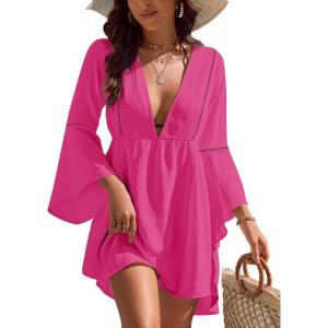 imageBlooming Jelly Womens Swimsuit Coverup V Neck Chiffon Bathing Suit Beach Dress Flowy Swim Bikini Cover UpRose Red
