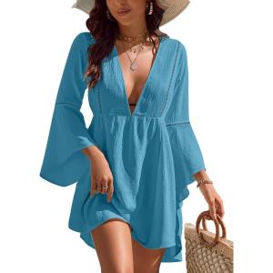 imageBlooming Jelly Womens Swimsuit Coverup V Neck Chiffon Bathing Suit Beach Dress Flowy Swim Bikini Cover UpWater Green