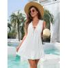 imageBlooming Jelly Womens Bathing Suit Cover Up Pleated Lace Up Swim Beach Dress Flower Trim Swimsuit Coverup with PocketsWhite