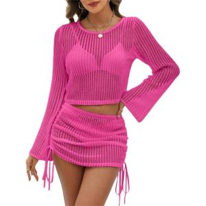 imageBlooming Jelly Women Swim Cover Up Beach Dress Crochet Swimsuit Coverup Sets Drawstring Summer Vacation Outfits 2024Hot Pink
