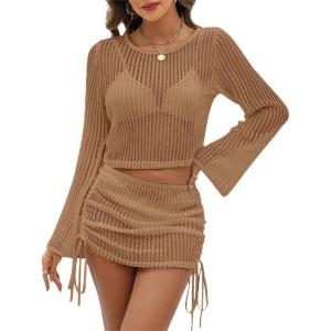 imageBlooming Jelly Women Swim Cover Up Beach Dress Crochet Swimsuit Coverup Sets Drawstring Summer Vacation Outfits 2024Khaki