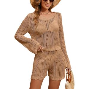 imageBlooming Jelly Womens Crochet Swimsuit Coverup Hollow Out Two Piece Set Bathing Suit Cover Up Beach OutfitsKhaki