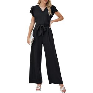 imageBlooming Jelly Women Dressy Jumpsuits One Piece Business Casual outfits Ruffle Sleeve V Neck Belted Summer RompersBlack