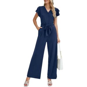 imageBlooming Jelly Women Dressy Jumpsuits One Piece Business Casual outfits Ruffle Sleeve V Neck Belted Summer RompersDeep Blue