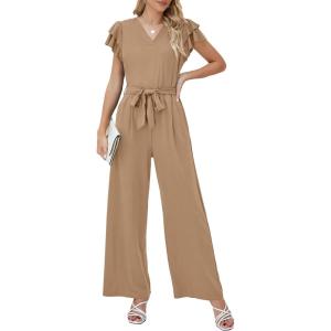 imageBlooming Jelly Women Dressy Jumpsuits One Piece Business Casual outfits Ruffle Sleeve V Neck Belted Summer RompersKhaki