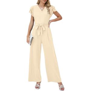 imageBlooming Jelly Women Dressy Jumpsuits One Piece Business Casual outfits Ruffle Sleeve V Neck Belted Summer RompersOffwhite