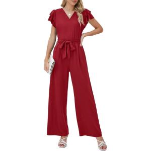 imageBlooming Jelly Women Dressy Jumpsuits One Piece Business Casual outfits Ruffle Sleeve V Neck Belted Summer RompersRed