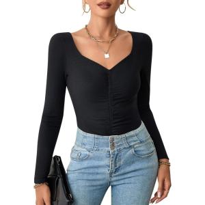 imageBlooming Jelly Womens Black Long Sleeve Bodysuit Ruched Sexy One Piece Bodysuit Going Out Ribbed Bodysuits 2023Black